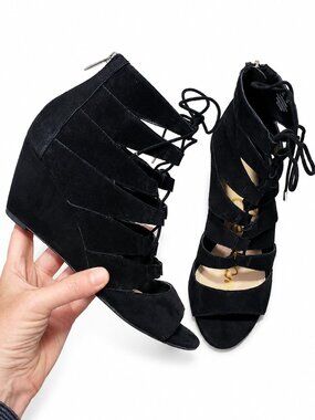 SAM EDLEMAN Santina Lace Up Wedge Sandals Suede Leather Neutral Black Women's 8